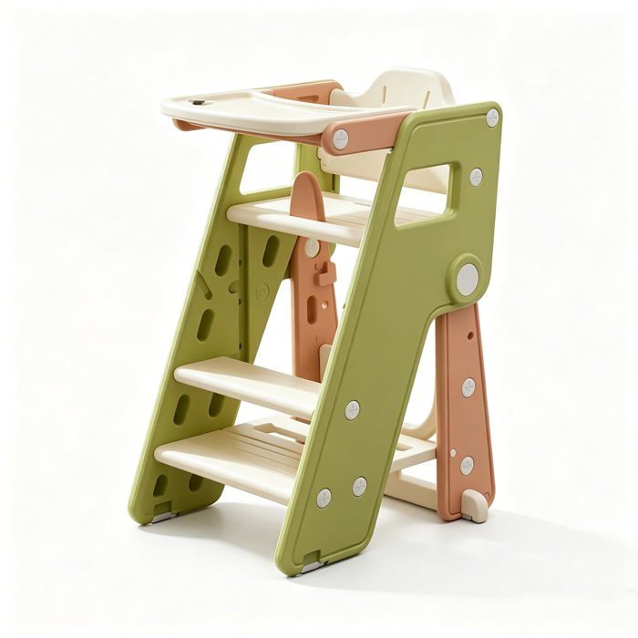 Koioplie Tour dapprentissage bébé pliable 3-en-1 tabouret évolutif ajustable avec harnais 5 points chaise haute escamotable Vert