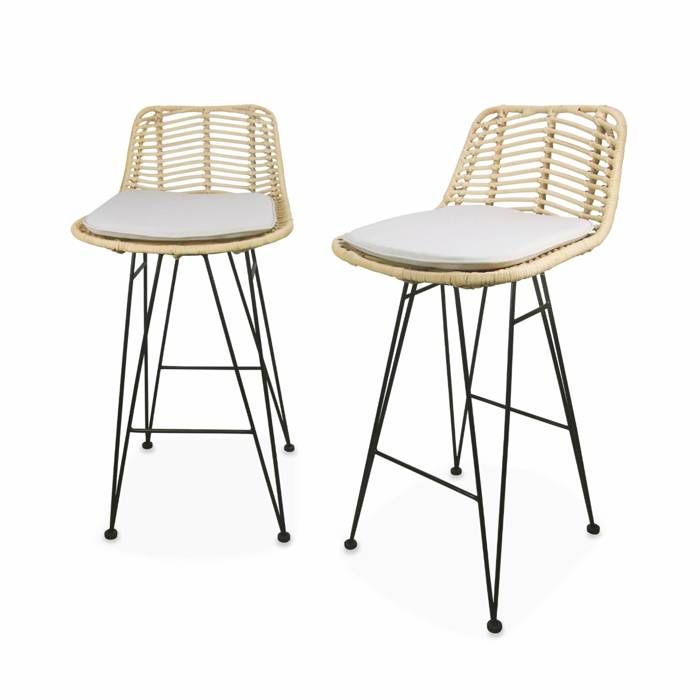 Lot de 2 tabourets de bar 67cm. métal et rotin. assise beige - Cahya Lot de 2 tabourets de bar 67cm. métal et rotin. assise beige - Cahya
