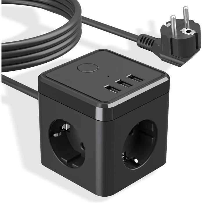 Plug cube avec USB - Multiprise 7 en 1 avec 4 USB - Prise 3 voies avec  interrupteur 