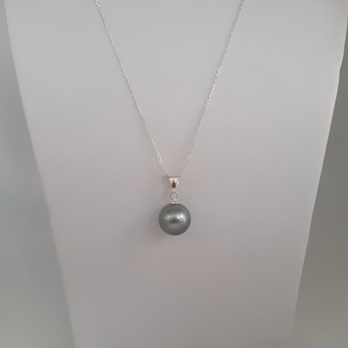 collier chaîne et pendentif perle grise argent massif 925