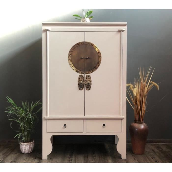 Armoire de Mariage Chinois Meuble Chambre Asiatique Antique en Bois Blanc Vintage Shabby