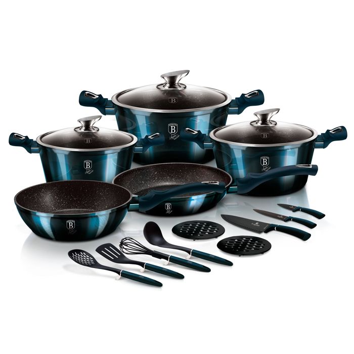 Batterie de Cuisine à Induction 17 Pièces Aluminium Antiadhésif sans PFOA Berlinger Haus Aquamarine Bleu marine 411243