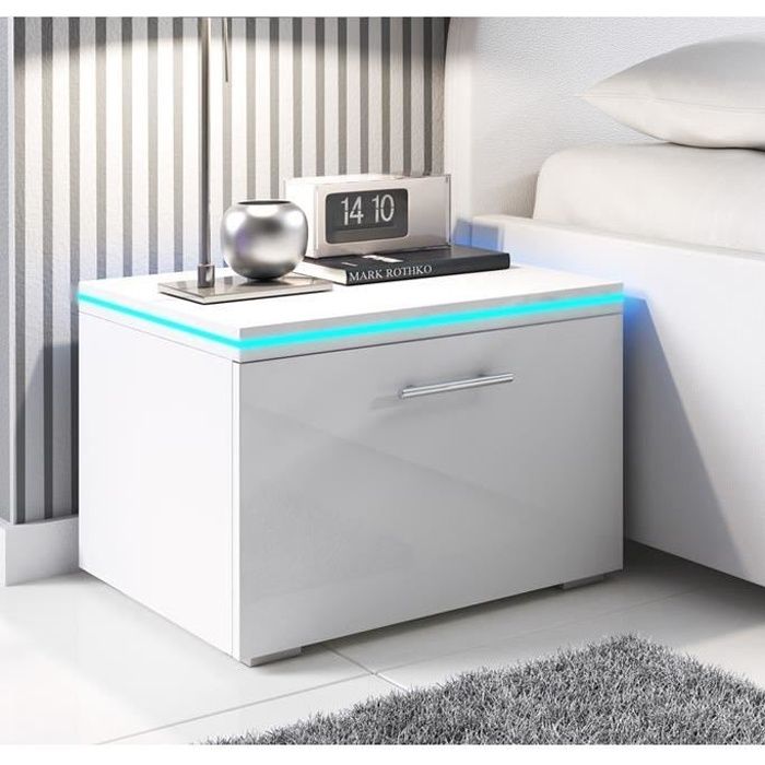 Table de chevet - Victoria - Blanc - LED RGB - 2 tiroirs - Design contemporain Table de chevet - Victoria - Blanc - LED RGB - 2 tiroirs - Design contemporain