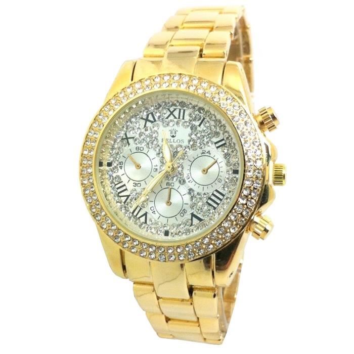 MONTRE FEMME DORE ACIER STRASS FINE ROND CHIFFRES ROMAIN