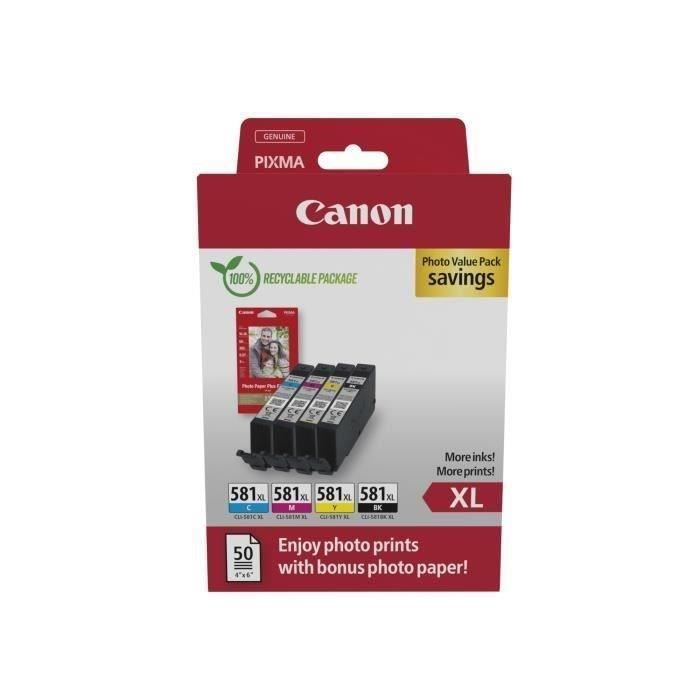 Multipack cartouches dencre + pack papiers photo – CANON – CLI-581XL Noir/Cyan/Magenta/Jaune – Haut rendement