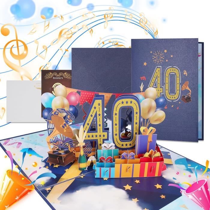 Carte Anniversaire 40 Ans Pop-up 3D – Carte Musicale Amovible, Joyeux Anniversaire Or & Noir, Avec Enveloppe