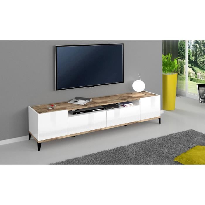 meuble tv de salon - dmora - 2 portes - 2 tiroirs - blanc brillant - érable