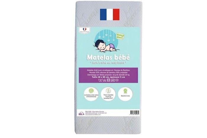 Matelas bébé en Bambou pour berceau 40x80 cm - EASY DORT - Densité 25kg - Fabriqué en France