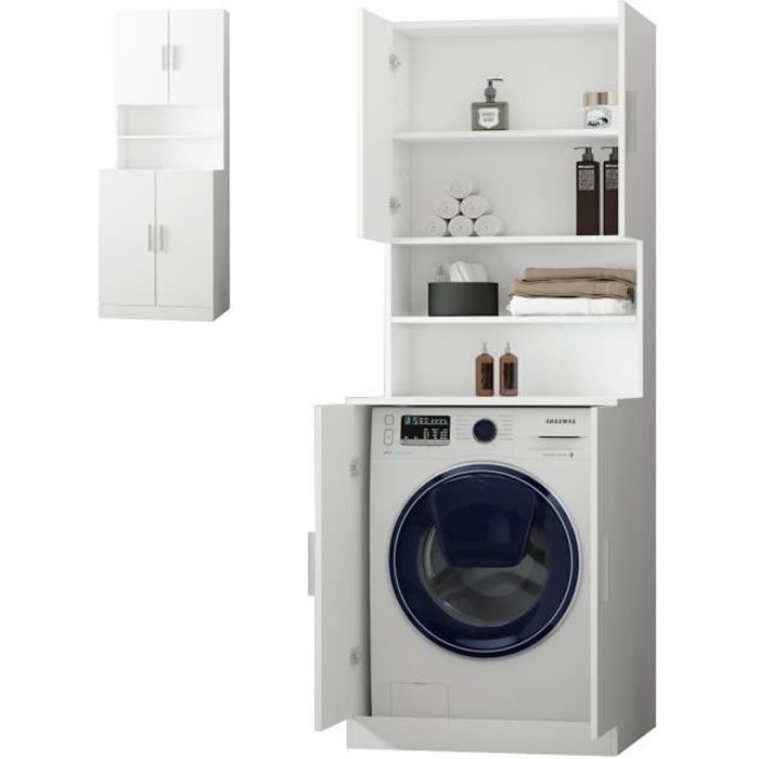 ecd germany meuble pour machine à laver 70 x 109 x 70 cm blanc 4 portes 4 étagères rangement armoire haute salle de bain
