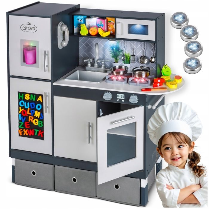 Cuisine Enfants En Bois Avec 18 Accessoires, Cuisine D'Angle Enfants Avec Micro-Ondes & Étagères