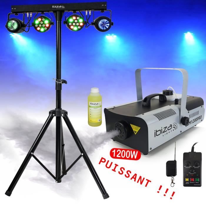 Pack Lumière Ibiza DJLIGHT60 - 4 Jeux de Lumière Projecteurs - Moonflower - Pied support - Machine à fumée 1200W Programmable