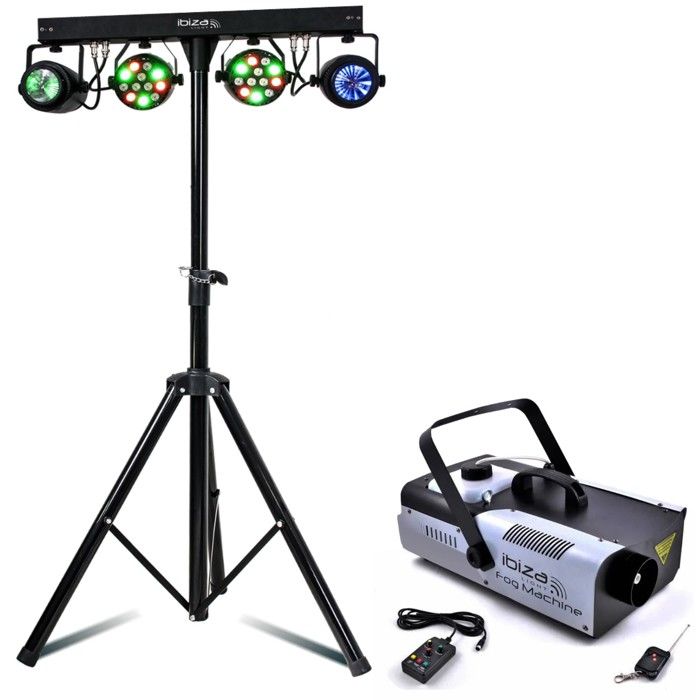 Pack Lumière Ibiza DJLIGHT60 - 4 Jeux de Lumière Projecteurs - Moonflower - Pied support - Machine à fumée 1200W Programmable