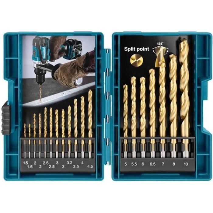 Jeu de 19 forets métal HSS TIN 1 5 10 mm MAKITA D 67527 Coffret en plastique robuste