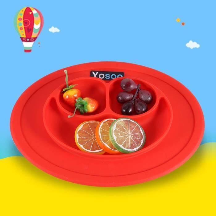 Assiette Bébé En Silicone Forme Baleine - 3 Compartiments Avec Ventouse - Sans BPA - Micro-ondes & Lave-vaisselle - Rose - 14
