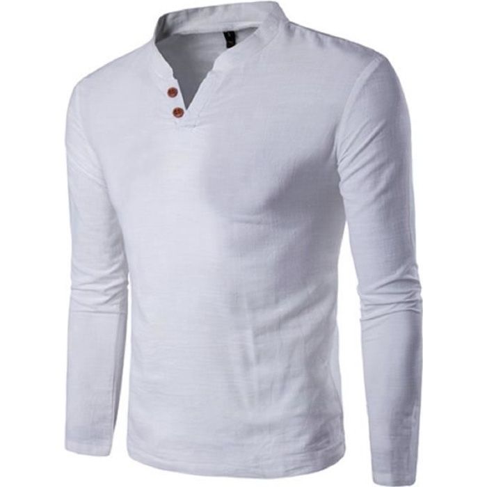 T-Shirt Homme, Col V Manche Longue Polo Slim Fit Mode Tee Shirt Bouton Blanc