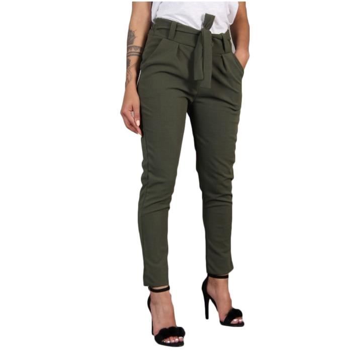 Pantalon Coupe Droite Femme Taille Haute Coton Extensible Décontracté Avec Poches