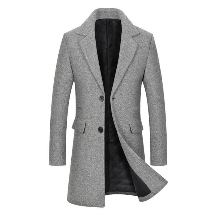 Manteau Homme Laine Mi long Double Polaire Epais Chaud Couleur Unie Marque Modele Gris Homme