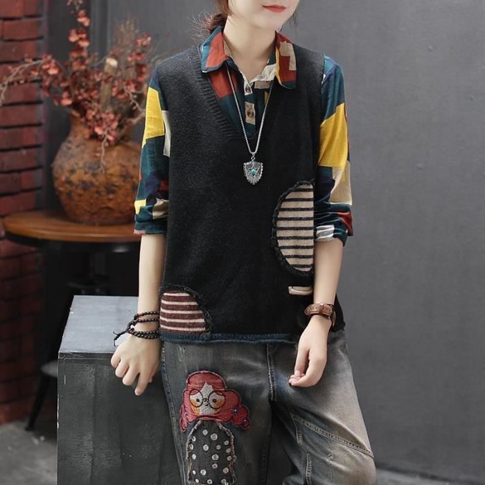 Gilet Tricot Sans Manches Femme YonYeHong - Col V Rétro, Coupe Lâche Confortable, Pull Maille Automne