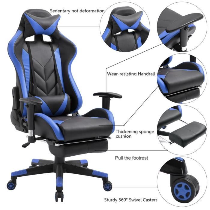 Fauteuil Bureau Luxe Gaming Fauteuil Bleu Et Noir Hauteur Et Dossier Reglable 180 Achat Vente Chaise De Bureau Cdiscount