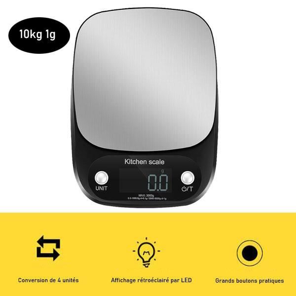 Balance De Cuisine électronique Haute Précision 10 Kg / 1 G - Écran LCD Rétroéclairé, 6 Unités (g, Kg, Lb, Oz, Ml, Milk Ml) - Plateau Acier Inox, Fonction Tare