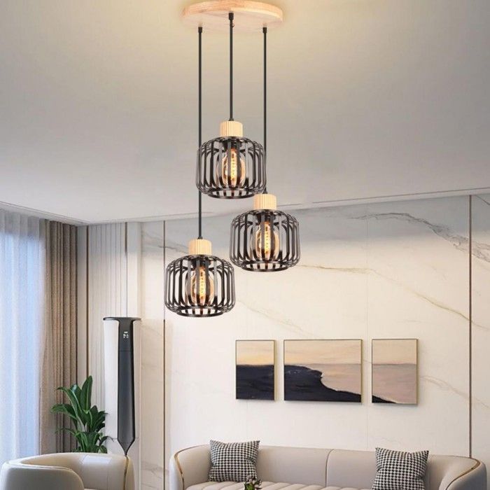 WOTTES 3 Lampes Suspension Luminaire Industrielle E27 Lustre en Bois ...