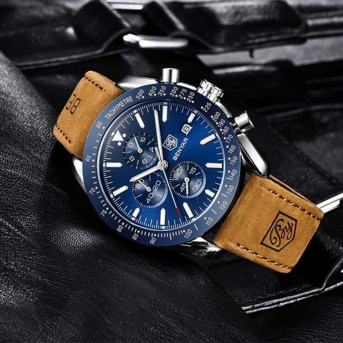 Montre Homme Classique Chronographe Bracelet Cuir Marron tanche