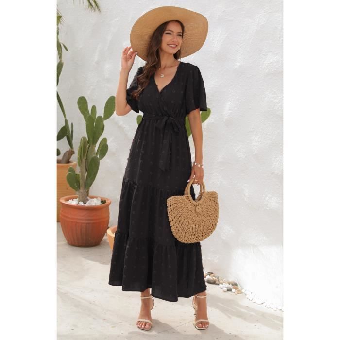 Femme Robe Casual Robe Maxi D ete Casual Chic et Boheme Robe V Elegante Taille Haute Robe noir