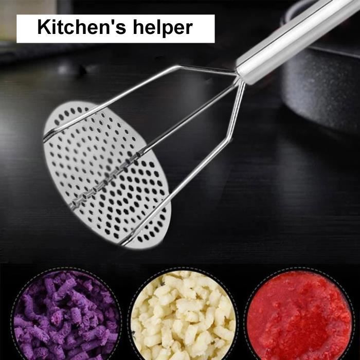 Presse-purée léger en acier inoxydable, large et ergonomique, plat fin pour purée de pommes de terre lisse, prise en main douce et poignée antidérapante, noir