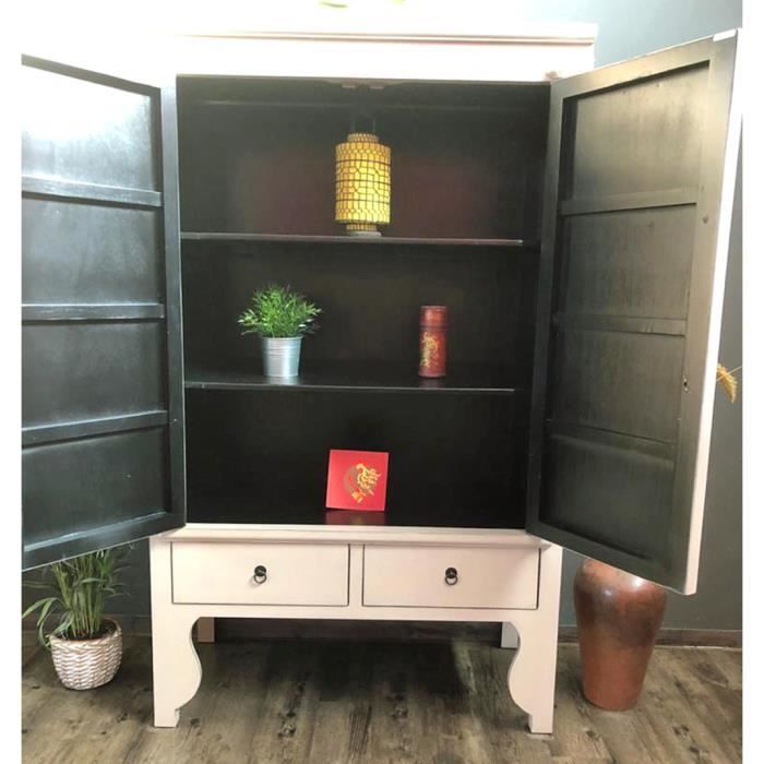 Armoire de Mariage Chinois Meuble Chambre Asiatique Antique en Bois Blanc Vintage Shabby