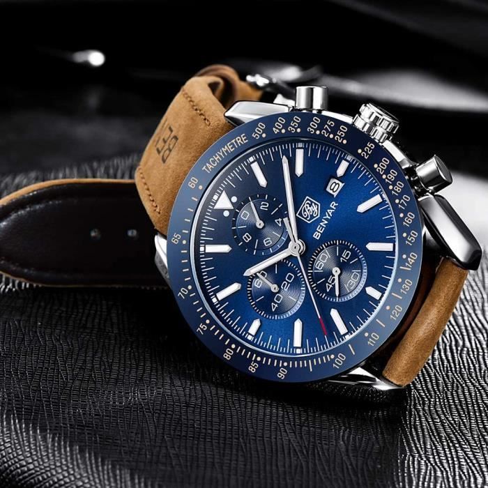 Montre homme cuir marron cadran 2025 bleu
