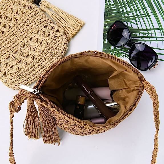 Sac Paille Femme Paille de Plage avec bandouliere et fermeture eclair Sac a Bandouliere en Paille de Plage pour Femmes Marron