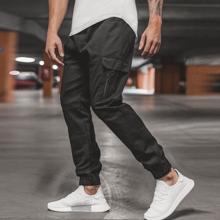 Pantalon cargo a cordon de serrage avec ceinture elastique a poches multiples Pantalon de sport pour hommes style Black Black Cdiscount Pret a Porter