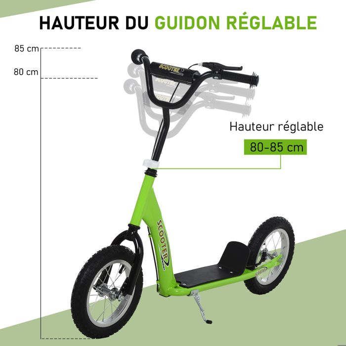 HOMCOM Trottinette Enfants Dès 5 Ans – Grandes Roues Pneumatiques, Guidon Réglable, Frein Et Béquille – Vert