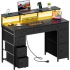 HLONONE LED Bureau avec 8 Tiroirs en Tissu, 120 × 50 cm Bureau Gaming avec Rangement, 2 Prise & 2 Port USB, Table Gaming Noir