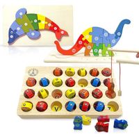 Jeux Educatifs Montessori 1 à 5 Ans en Bois – 2 Grands Puzzles 3D & Jeu de Pêche à la Ligne – Cadeau pour Garçon ou Fille