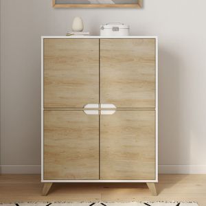 Chiffonnier 4 Tiroirs UPPAH 30x30x80 Cm - Meuble Rangement Bois Blanc, Tiroirs Tissu Interchangeables