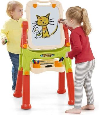 DREAMADE Tableau Enfant 3-8 Ans 3 en 1, Tableau Noir & Blanc Magnétique, Réglable en Hauteur, Chevalet Enfant avec Rouleau de Papier, Accessoires de Peinture, Sac de Rangement