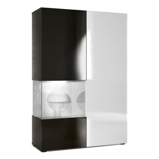 Vitrine Armoire Morena Vladon - Corps Blanc Mat, Portes Avec Insert Chêne, éclairage LED, Dimensions 91.5x136.5x37cm