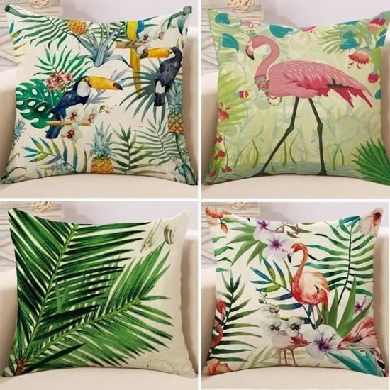 1 Bird With Green Leaves Zhouba Housse de coussin en lin Motif feuillage tropical Vert Taille unique Lin 