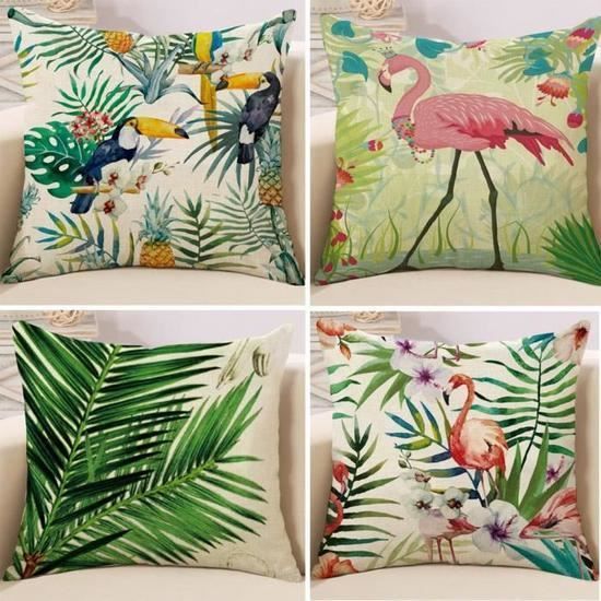 Housse de Coussin Feuilles Tropicales Plantes Fleurs et Oiseaux Imprimés/Chambre/Salon/Bureau/Voiture/Canapé 45*45cm 4 PCS