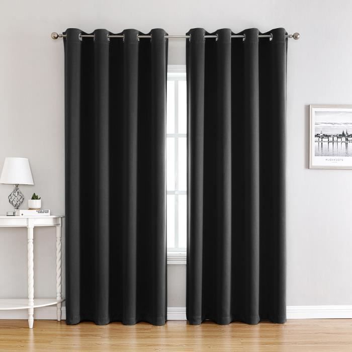 Rideaux Salon Occultants Noir Design Moderne à Oeillets, 2 Pièces,