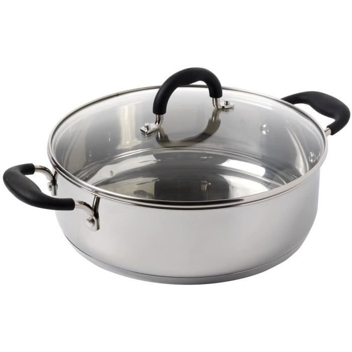 ProCook Gourmet Steel - Braisière Marmite Faitout Bas - Inox 18 10-28cm - 5,4L - Compatible Induction - Couvercle Verre Trempé - Poi