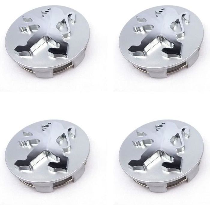 Lot de 4 cache-moyeux Peugeot de 60 mm - Couleur argent - Chromé