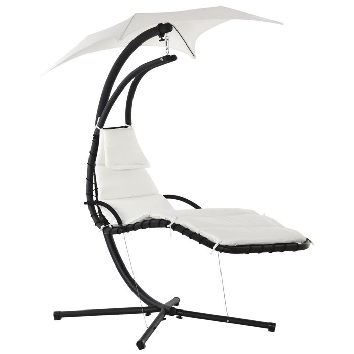 Bain de soleil transat suspendu avec pare-soleil et matelas design contemporain 194L x 117l x 192H cm acier polyester crème noir ...