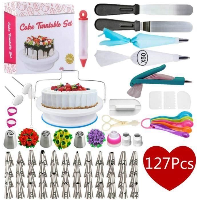 Kit de Décoration de Gâteau, Plateau Tournant de Gâteau, Douilles Pâtisserie, Douilles de Poches, Ustensiles de Pâtisserie - 127Pcs