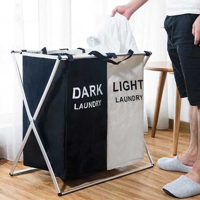 Style Noir Beige Panier à linge pliable avec cadre en aluminium, sac de rangement pour vêtements sales pour salle de bain, chambre