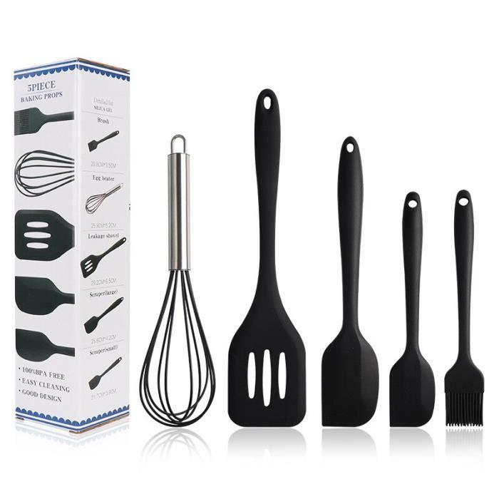 Lot Ustensiles,Ustensiles de cuisine en Silicone, 5 pièces, spatule à fouet, brosse de pâtisserie, tourneur à fentes- Type Black