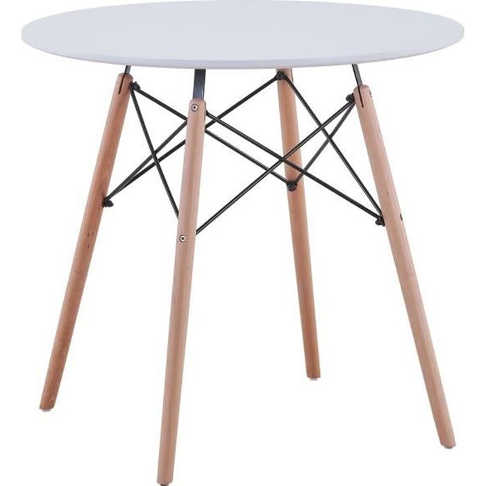 BenyLed Table de salle à manger ronde moderne avec pieds en bois de hêtre et cadre en métal, table de cuisine scandinave, Blanc