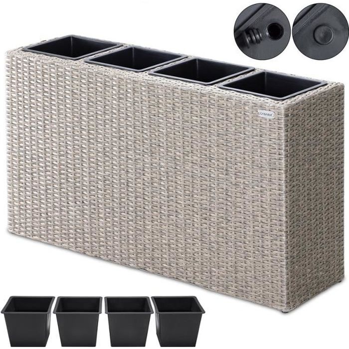 Bac à fleurs en polyrotin Crème 4 Compartiments Jardinière 95x27x60 cm intérieur extérieur jardin