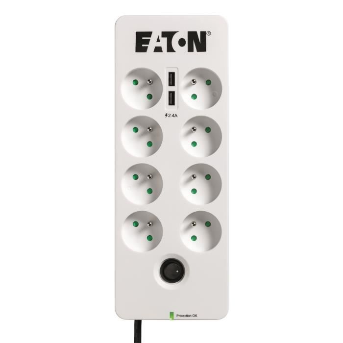 Multiprise/Parafoudre - EATON Protection Box 8 Tel@ USB FR - PB8TUF - 8 prises FR + 1 prise tel/RJ + 2 ports USB - Blanc & Noir